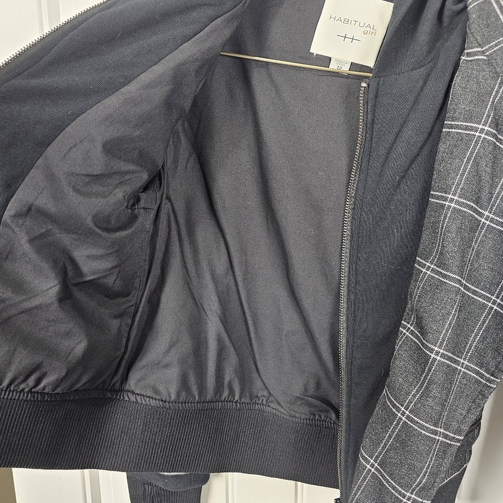 Habitual Girls Lyla Plaid French Terry Hoodie Zip Jacket Size 12 Black Moto - Picture 8 of 9